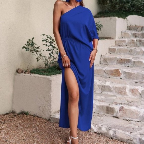 Blue One Shoulder Slit Hem Maxi Dress - Picture 3 of 5